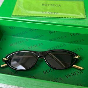 Bottega Veneta BV1390S 001 Black Slim Cat Eye Sunglasses Gold Arms